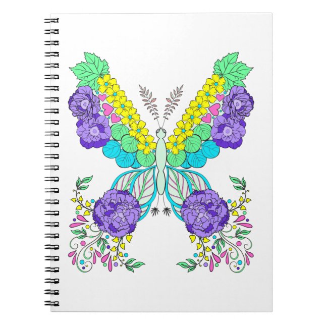 Butterfly, flowers, colourful, whimsical notebook (Front)