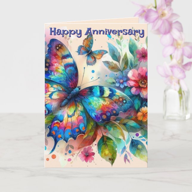 Butterfly Flowers Happy Anniversary Greeting Card (Orchid)