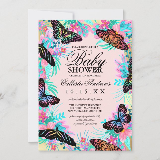 Butterfly Flowers Leaves Watercolor Baby Shower Invitation (Front)