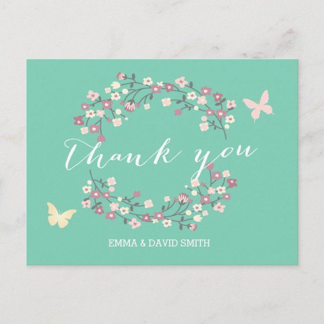 Butterfly & Flowers Spring Wedding Thank You Postcard (Front)