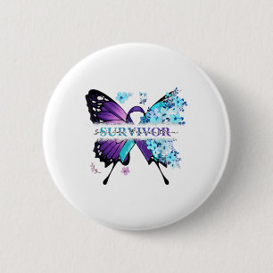 Butterfly Flowers Teal &amp; Purple Ribbon Suicide 6 Cm Round Badge
