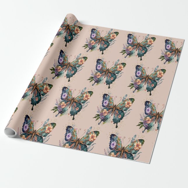 Butterfly & Flowers Wrapping Paper (Unrolled)