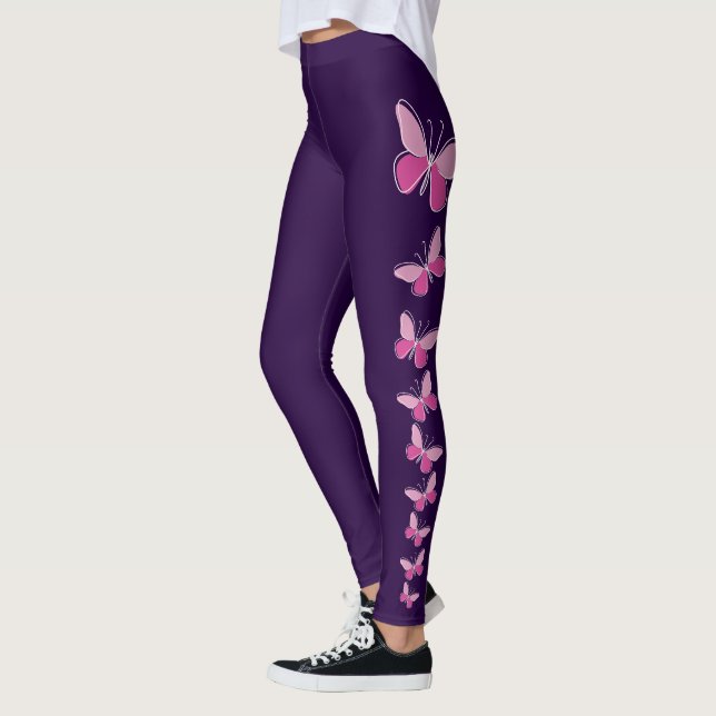 Butterfly Flutter in Pink - Solid Deep Violet Leggings (Left)