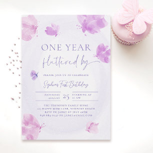 Butterfly Fluttered by Purple Pink 1st Birthday Invitation