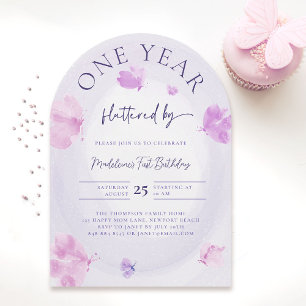 Butterfly Fluttered Purple Pink Arch 1st Birthday Invitation