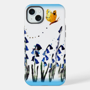 Butterfly flying above Bluebells Floral Art iPhone 15 Plus Case