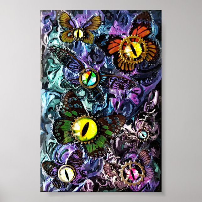 Butterfly flying eyes with clockwork print poster (Front)