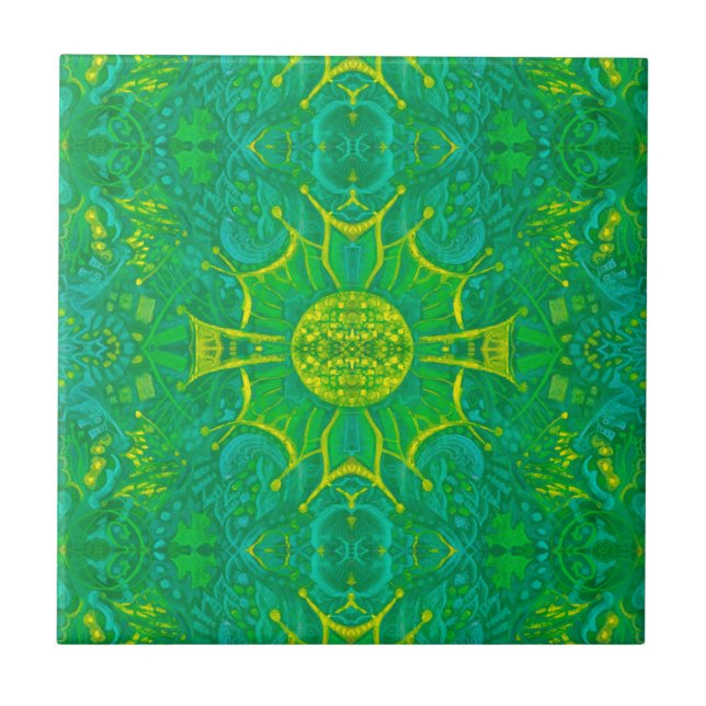 Butterfly Forest Bohemian Arabesque Pattern Green Ceramic Tile (Front)