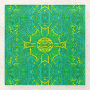 Butterfly Forest Bohemian Arabesque Pattern Green Glass Coaster