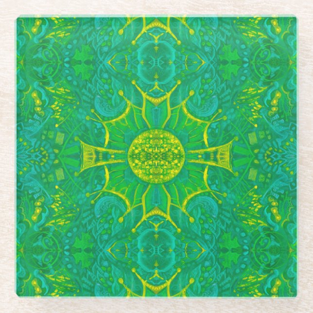 Butterfly Forest Bohemian Arabesque Pattern Green Glass Coaster (Front)