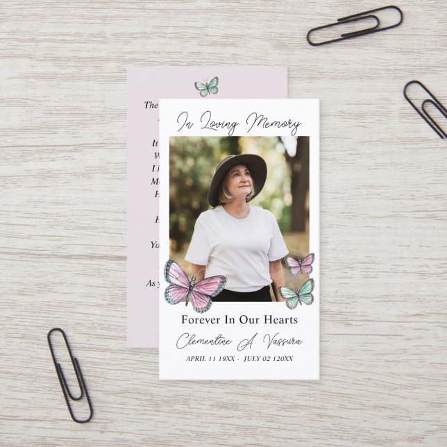 Butterfly Funeral Memorial Prayer Photo Card (Front/Back In Situ)