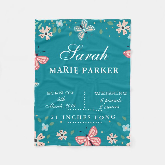 Butterfly Garden Baby Birth Stats Fleece Blanket (Front)