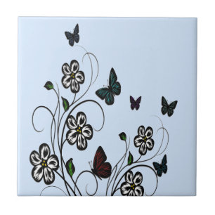 Butterfly Garden Blue Ceramic Tile