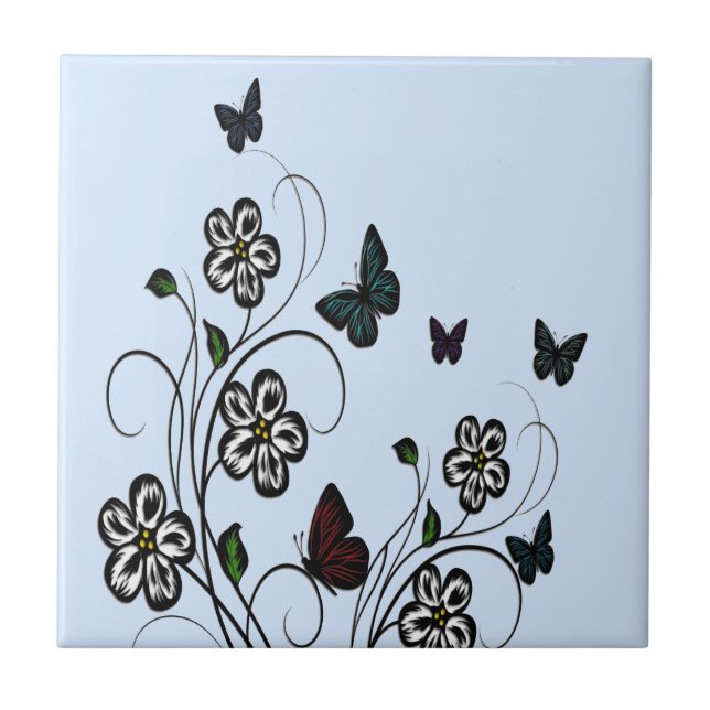 Butterfly Garden Blue Ceramic Tile (Front)