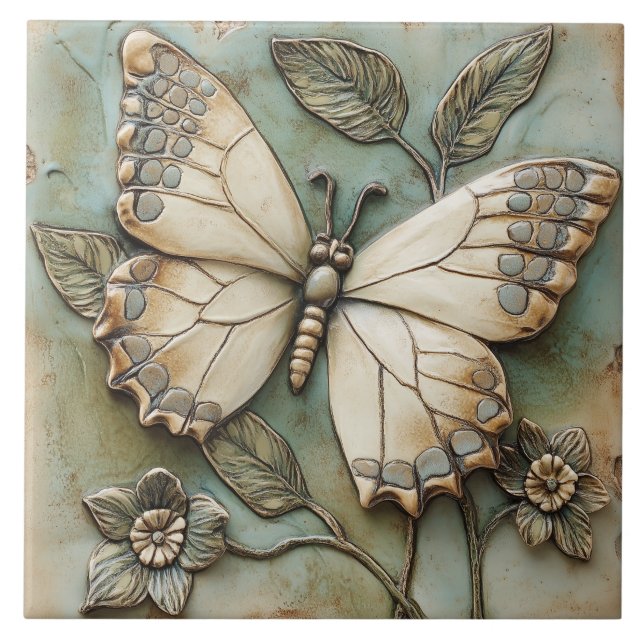 Butterfly Garden Botanical Faux Relief  Ceramic Tile (Front)