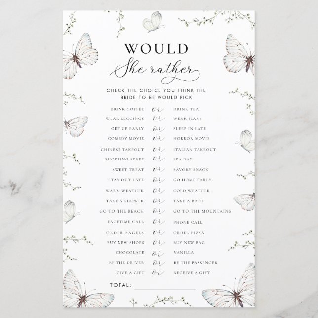 Butterfly Garden Bridal Would She Rather Game (Front)