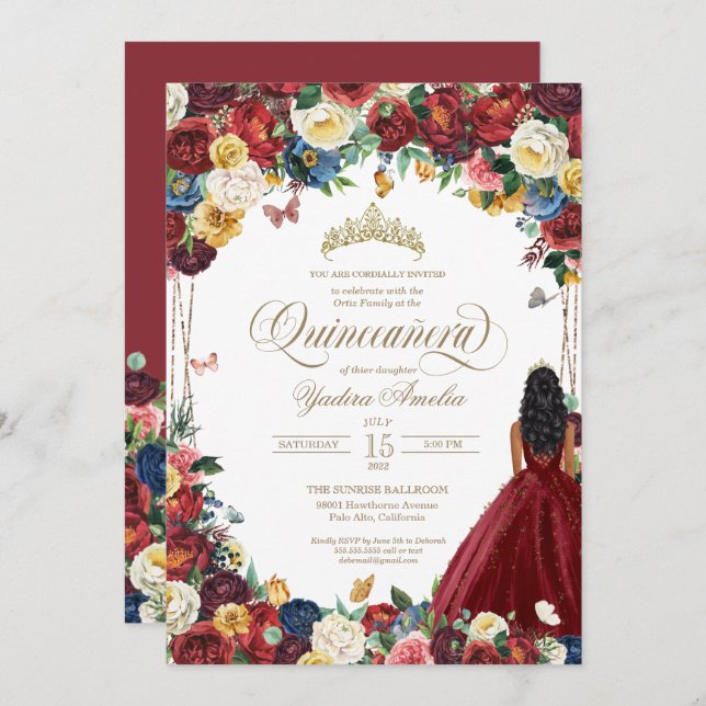 Butterfly Garden Burgundy Flowers Quinceanera Gown Invitation (Front/Back)