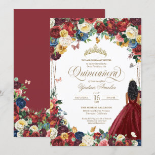 Butterfly Garden Burgundy Flowers Quinceanera Gown Invitation