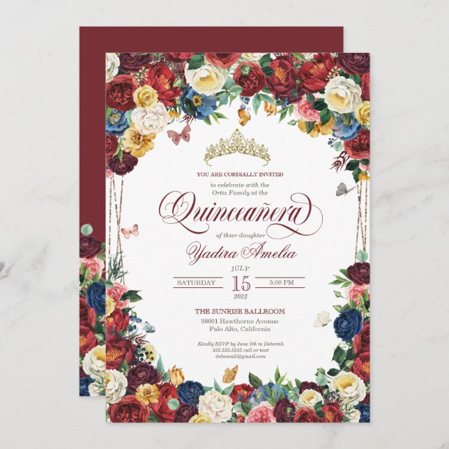 Butterfly Garden Burgundy Royal Floral Quinceanera Invitation (Front/Back)