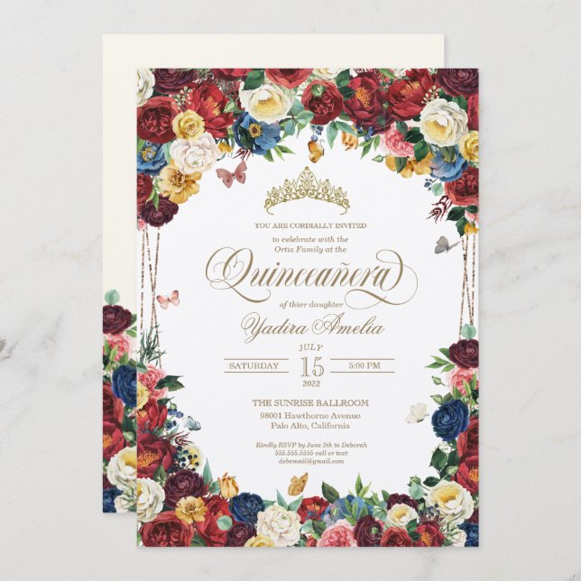 Butterfly Garden Colourful Floral Quinceanera Invitation (Front/Back)