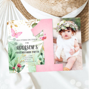 Butterfly Garden Floral Flowers 1st First Birthday Invitation