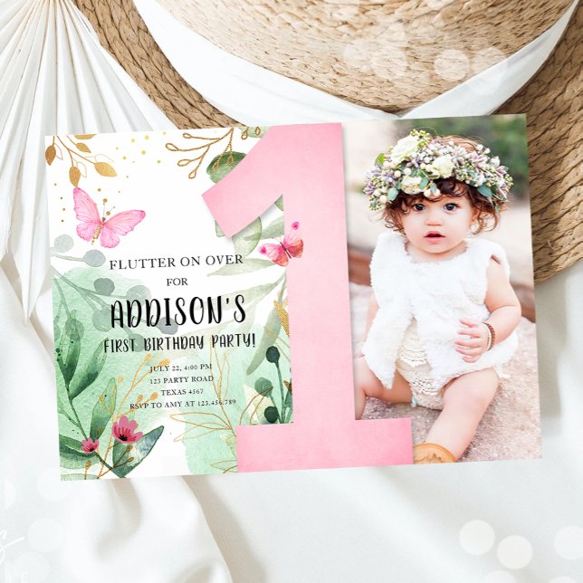 Butterfly Garden Floral Flowers 1st First Birthday Invitation (Creator Uploaded)