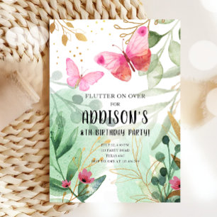 Butterfly Garden Floral Flowers Pink Gold Birthday Invitation