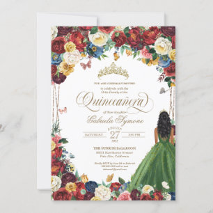 Butterfly Garden Green Gown Floral Quinceanera  In Invitation