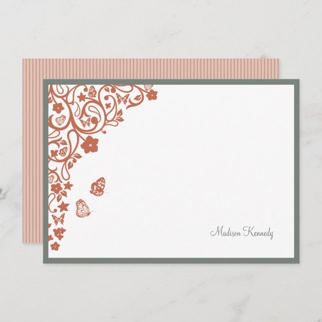 Butterfly Garden Peach Stripe Script Name Note Car Card (Front/Back)