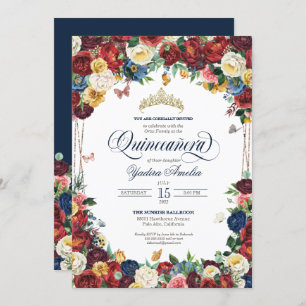 Butterfly Garden Royal Blue Red Floral Quinceanera Invitation
