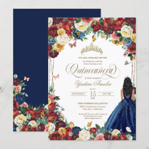 Butterfly Garden Royal Blue Red Floral Quinceanera Invitation