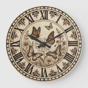 Butterfly Garden Wall Clock – Wood-Burned style 