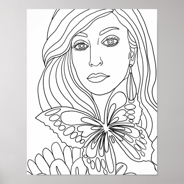 Butterfly Girl Womans face Colouring page Poster (Front)
