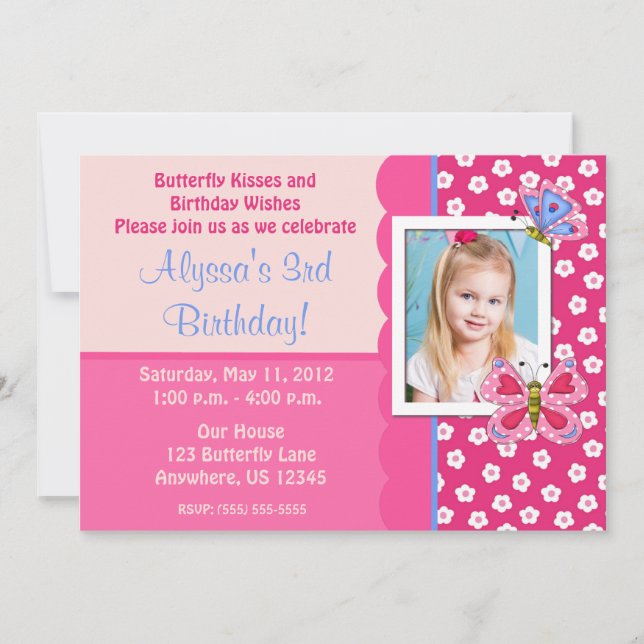 Butterfly Girls Photo Birthday Invitation (Front)