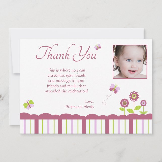 Butterfly girl's photo thank you flat card (Front)