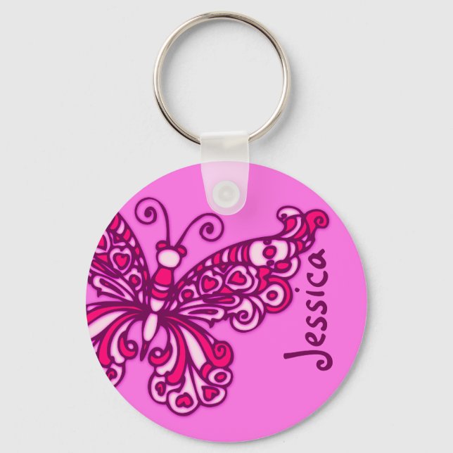 Butterfly girls pink name keychain (Front)