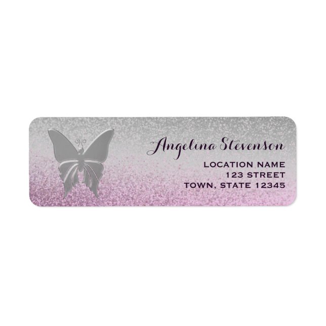 Butterfly Glitter Silver and Pink Return Address Label (Front)