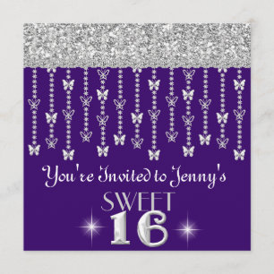 Butterfly GLITTER SWEET 16 DARK PURPLE Invitation