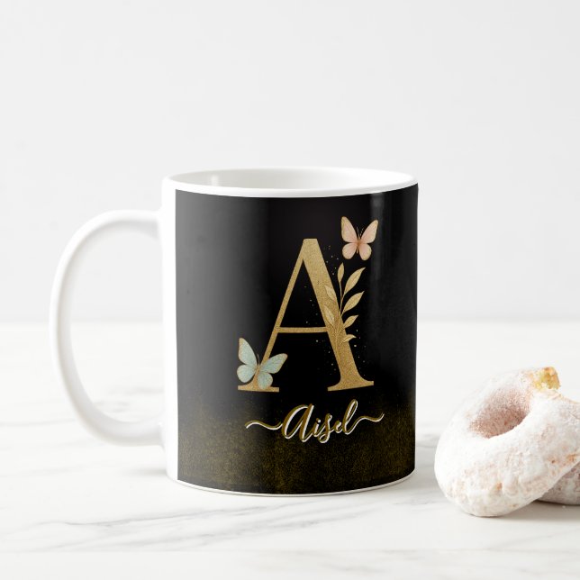 Butterfly Gold "A" Monogram Coffee Mug (With Donut)