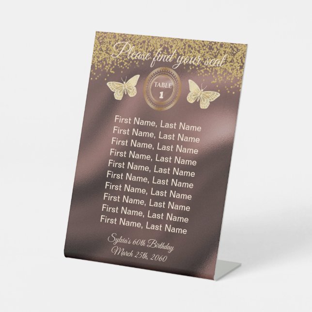 Butterfly Gold Glitter, Foil Table Number Sign (Front)