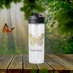 Butterfly gold name script water bottle<br><div class="desc">A faux gold butterfly on a transparent background.  Personalise and add your name. Black text.</div>