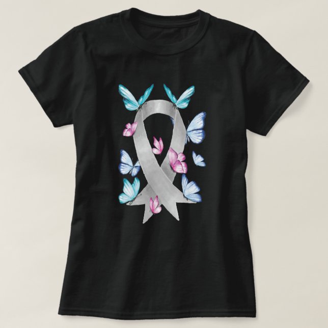 Butterfly Grey Ribbon Brain Cancer Awareness T-Shirt (Design Front)