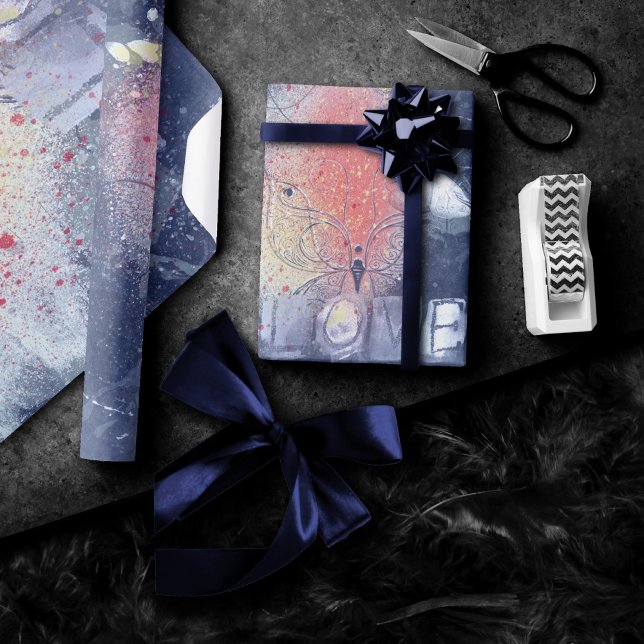 Butterfly Grunge Love | Coral Orange Purple Paint Wrapping Paper (Creator Uploaded)
