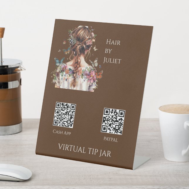 Butterfly Hair QR Code Virtual Tip Jar Tabletop Pedestal Sign (In SItu)
