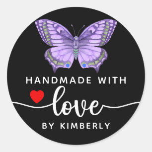 Butterfly Handmade with Love Black  Classic Round Sticker