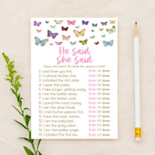 Butterfly He Said She Said Bridal Shower Game Stationery