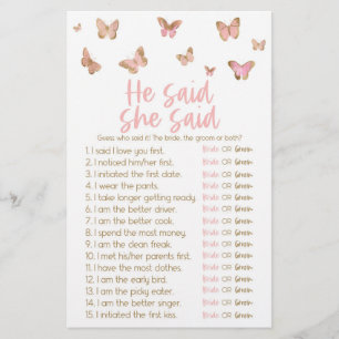 Butterfly He Said She Said Bridal Shower Game Stationery
