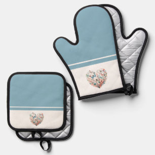 Butterfly Heart Blue White Oven Mitt & Pot Holder Set