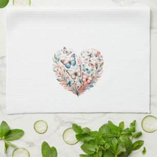 Butterfly Heart Blue White Tea Towel
