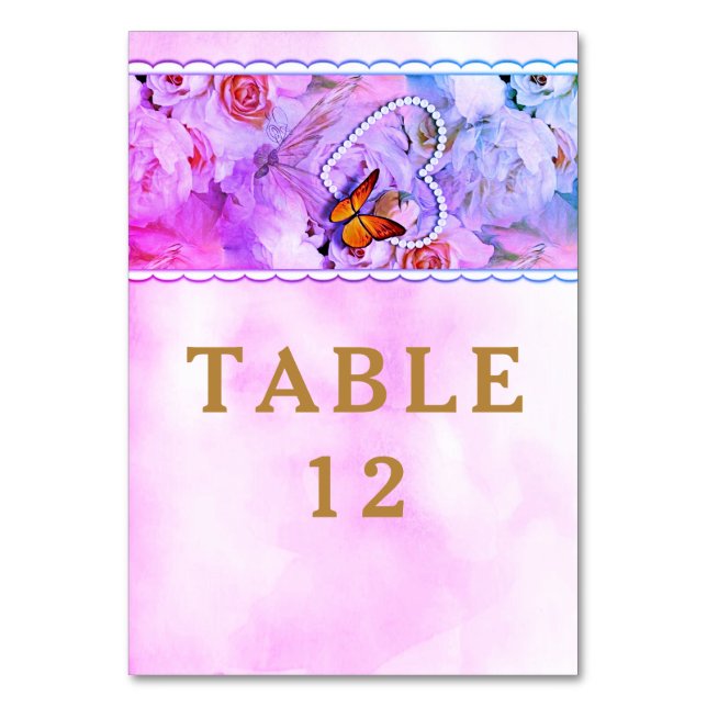 Butterfly Heart Pearls Floral Pink Rose Wedding Table Number (Front)